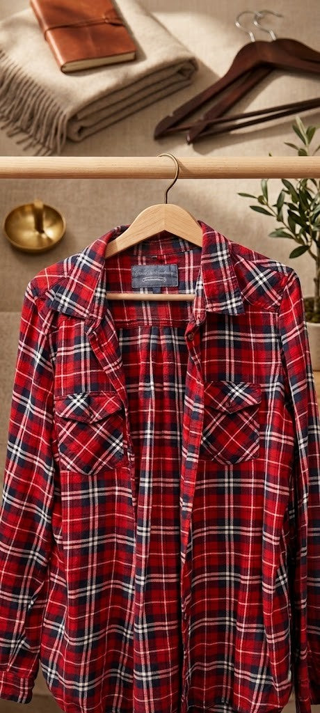 Classic Red & Navy Plaid Flannel Shirt – 100% Cotton – Size 40