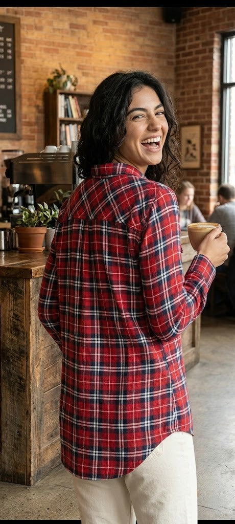 Classic Red & Navy Plaid Flannel Shirt – 100% Cotton – Size 40