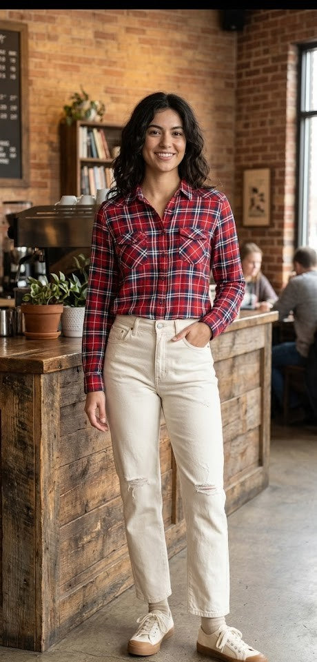 Classic Red & Navy Plaid Flannel Shirt – 100% Cotton – Size 40