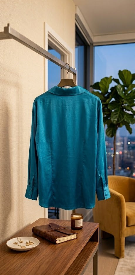Penny C Luxe Teal Satin Button-Down Blouse – Size 20