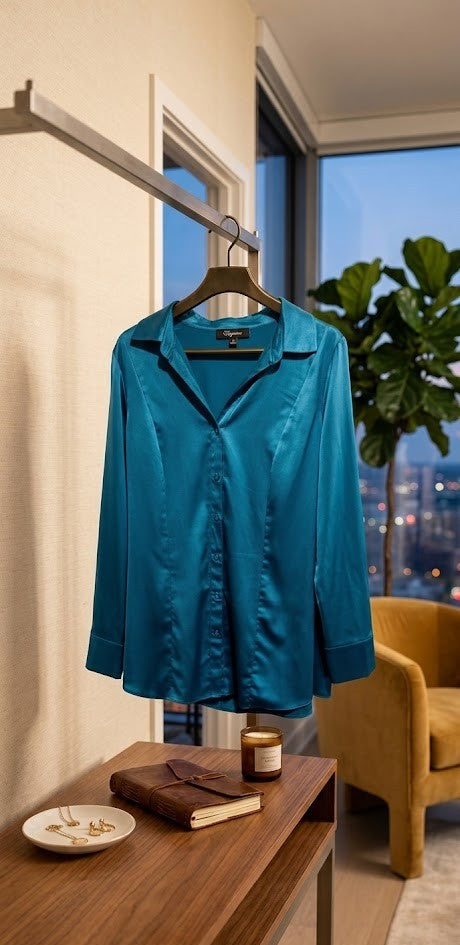 Penny C Luxe Teal Satin Button-Down Blouse – Size 20