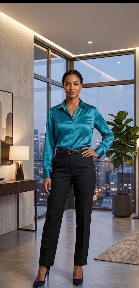 Penny C Luxe Teal Satin Button-Down Blouse – Size 20