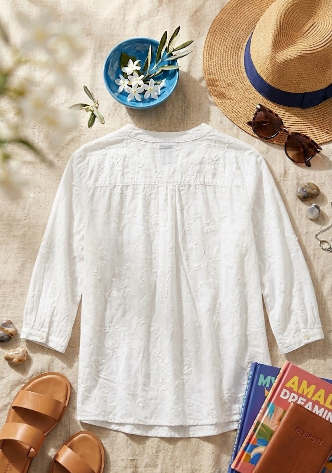 White Embroidered 3/4 Sleeve Blouse