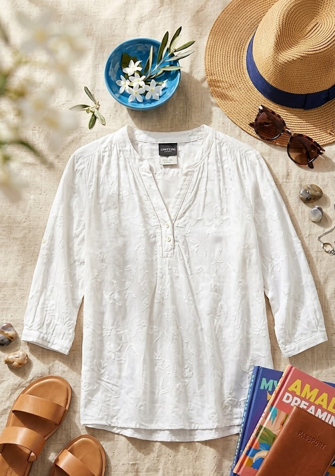 White Embroidered 3/4 Sleeve Blouse