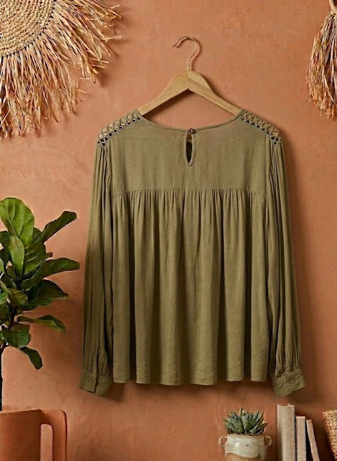 Foschini Olive Green Boho Crochet Detail Blouse