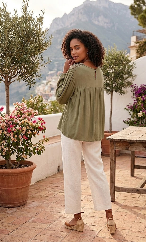 Foschini Olive Green Boho Crochet Detail Blouse