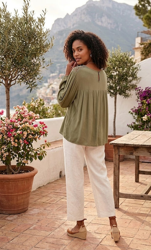 Foschini Olive Green Boho Crochet Detail Blouse