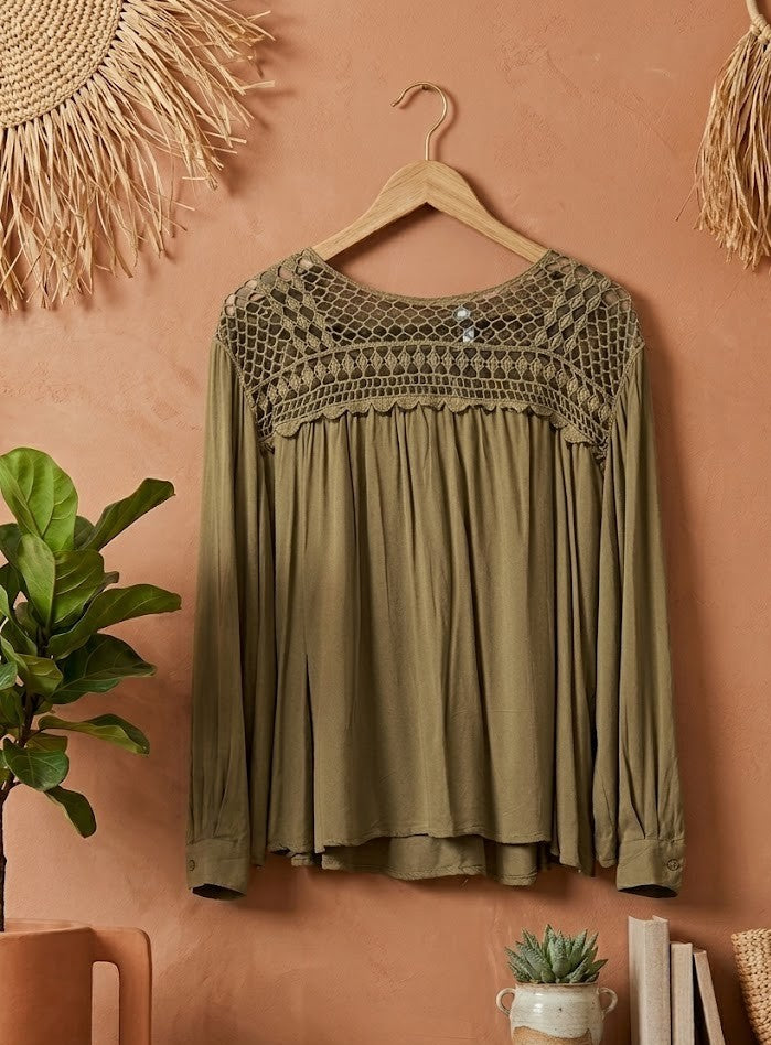 Foschini Olive Green Boho Crochet Detail Blouse