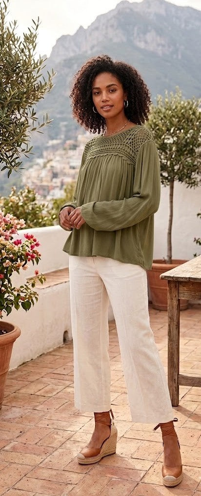 Foschini Olive Green Boho Crochet Detail Blouse