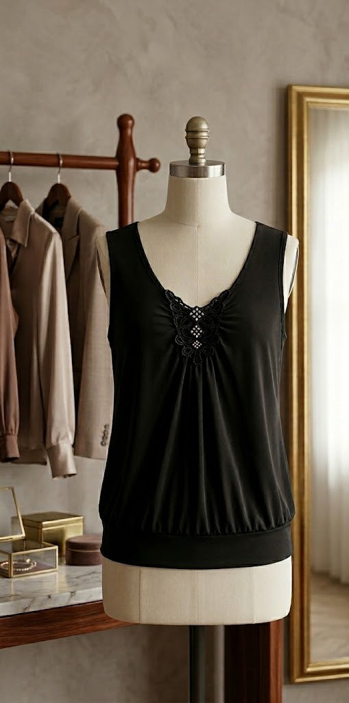 Elegant Embellished Black Sleeveless Blouse
