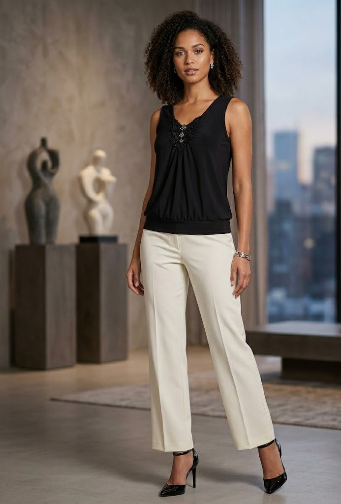 Elegant Embellished Black Sleeveless Blouse