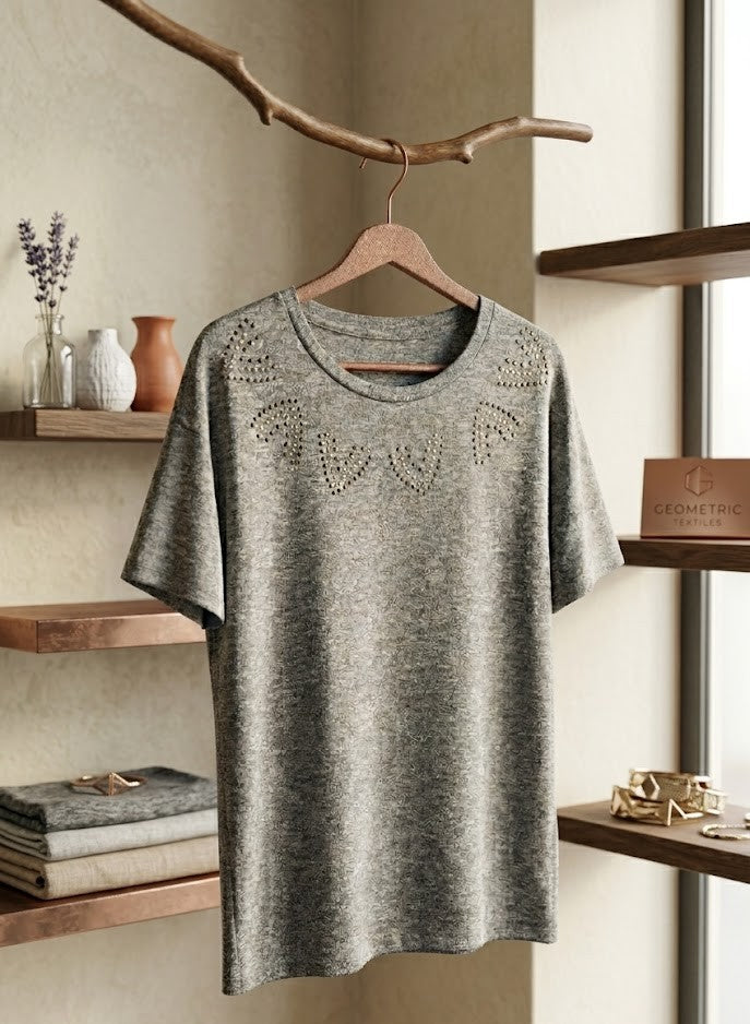 Chic Grey Embellished Casual Tee