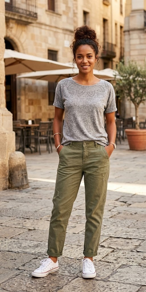 Chic Grey Embellished Casual Tee