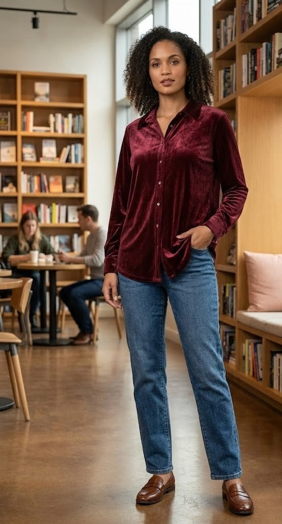Luxurious Deep Red Velvet Button-Down Blouse