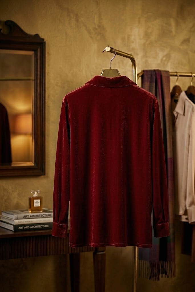 Luxurious Deep Red Velvet Button-Down Blouse