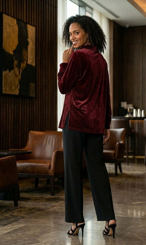 Luxurious Deep Red Velvet Button-Down Blouse