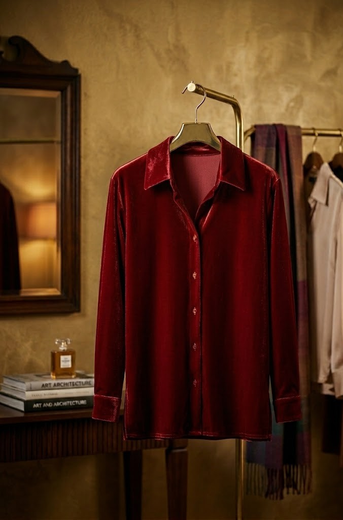 Luxurious Deep Red Velvet Button-Down Blouse