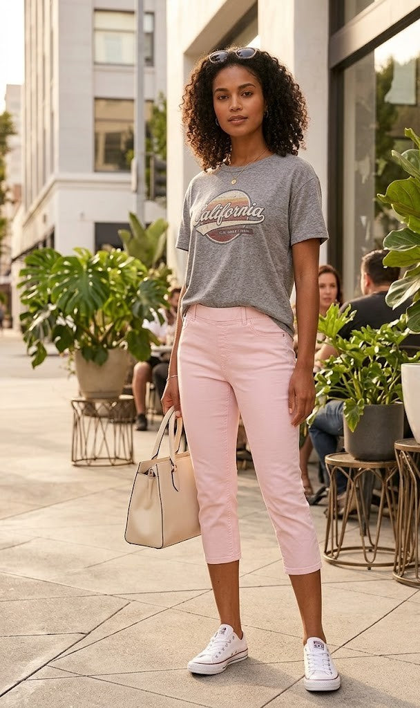 Classic Pastel Pink Stretch Denim Capris