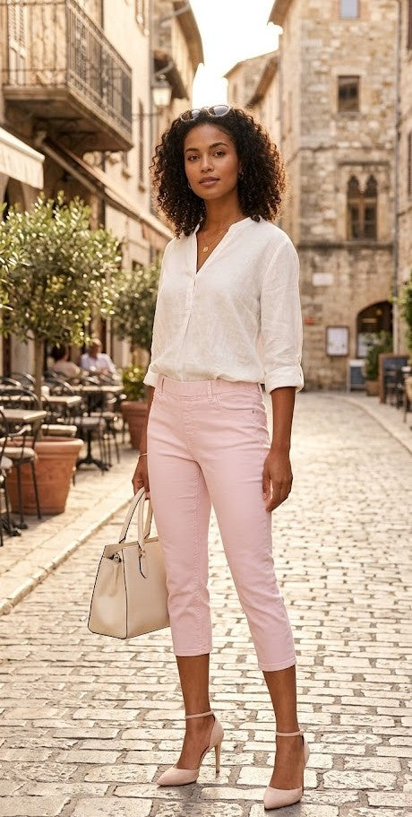 Classic Pastel Pink Stretch Denim Capris