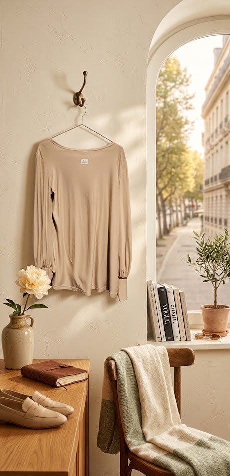 Loka Designer Long-Sleeve Blouse – Size Medium – Soft Beige