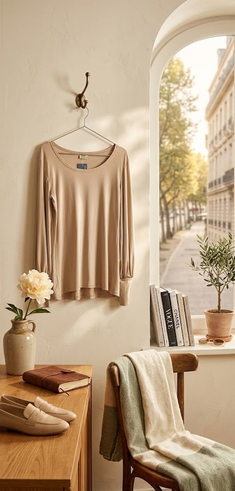 Loka Designer Long-Sleeve Blouse – Size Medium – Soft Beige