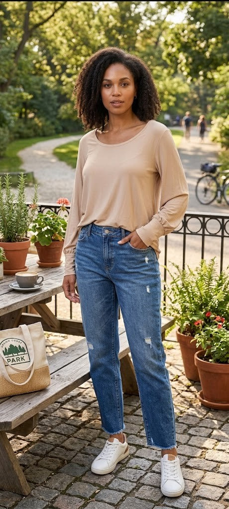 Loka Designer Long-Sleeve Blouse – Size Medium – Soft Beige