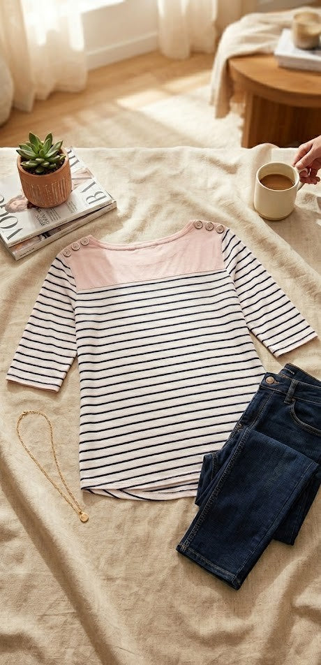 Milady’s Striped Boat-Neck Blouse – Pink & Navy, Size M