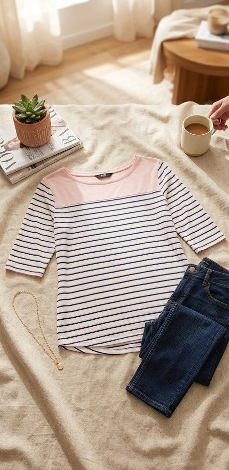 Milady’s Striped Boat-Neck Blouse – Pink & Navy, Size M