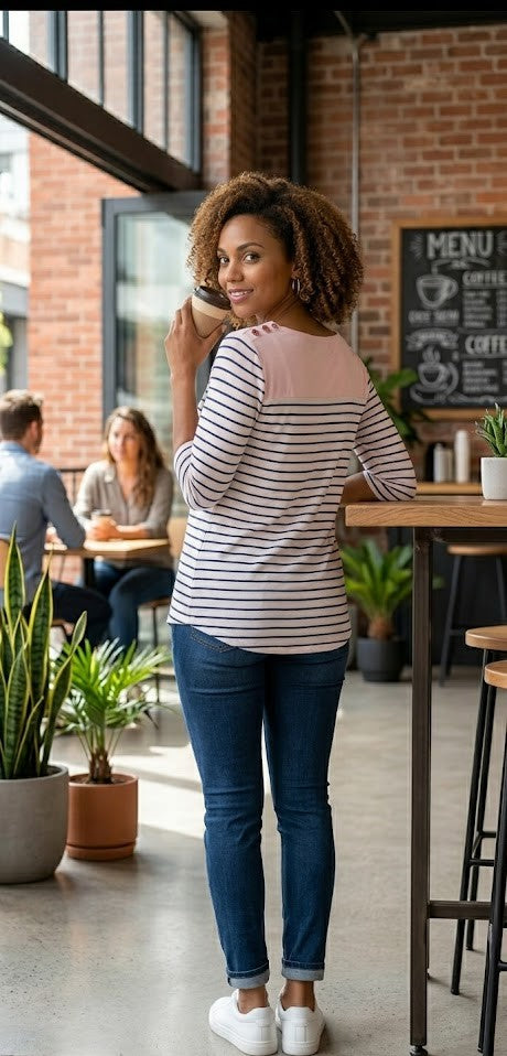 Milady’s Striped Boat-Neck Blouse – Pink & Navy, Size M