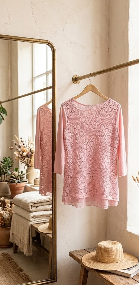 Queenspark Pink Lace-Detail Blouse - Size Large