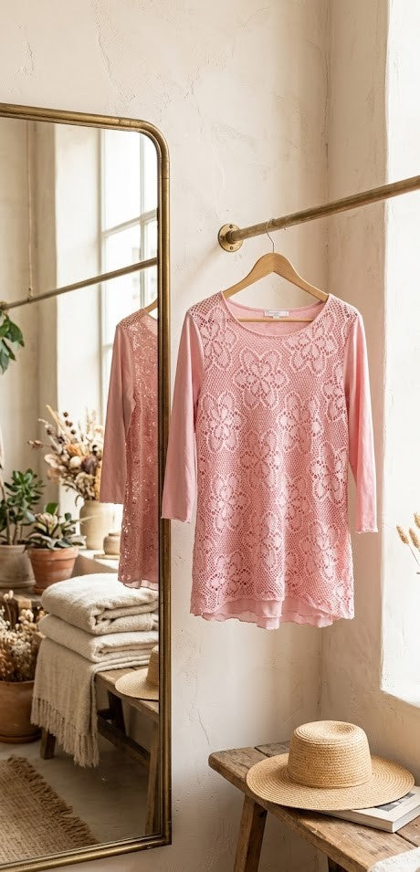 Queenspark Pink Lace-Detail Blouse - Size Large