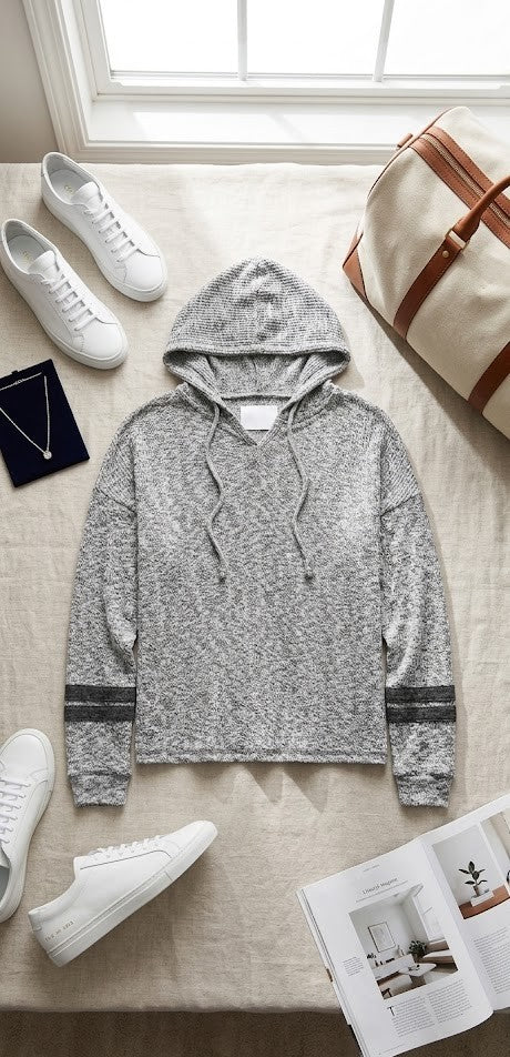 Unisex Soft-Knit Striped Cuff Pullover Hoodie – Grey Marled (Size M)