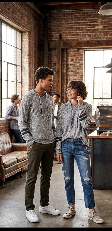 Unisex Soft-Knit Striped Cuff Pullover Hoodie – Grey Marled (Size M)
