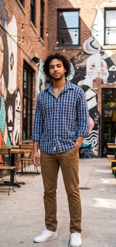 Legend Men’s Plaid Button-Down Shirt – 100% Cotton, Size Medium
