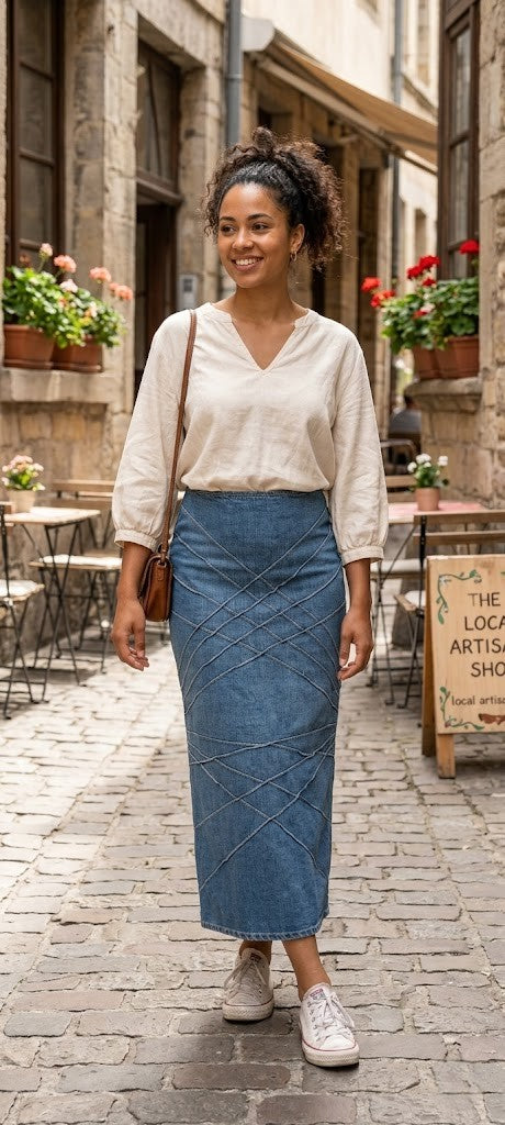 RT & Co. Women’s Blue Denim Midi Skirt – Size 28 – Comfortable Stretch Fit