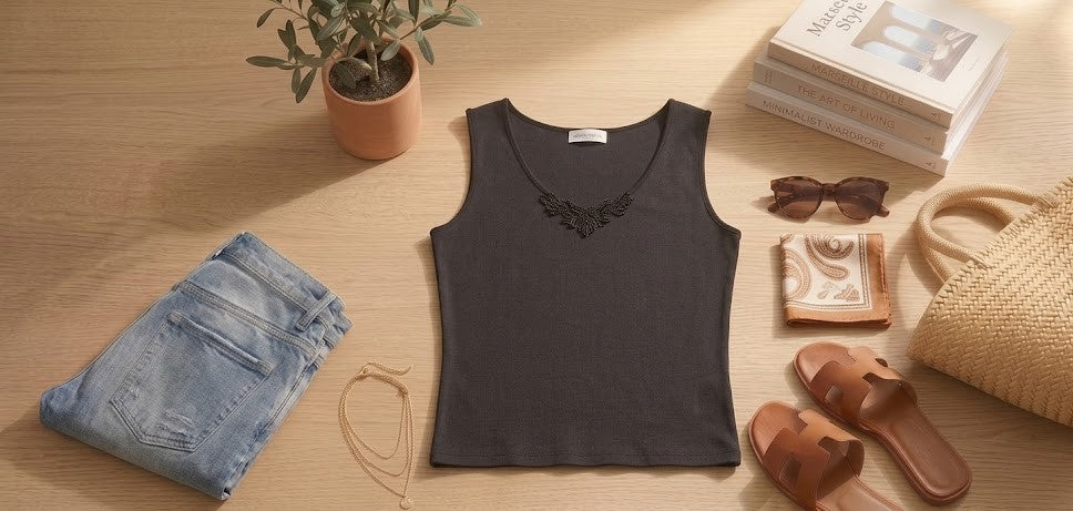 Classic Black Sleeveless Blouse with Delicate Neckline