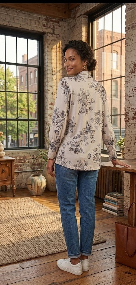 Loka Designer Floral Print High-Neck Blouse – Size XXL – Excellent Condition