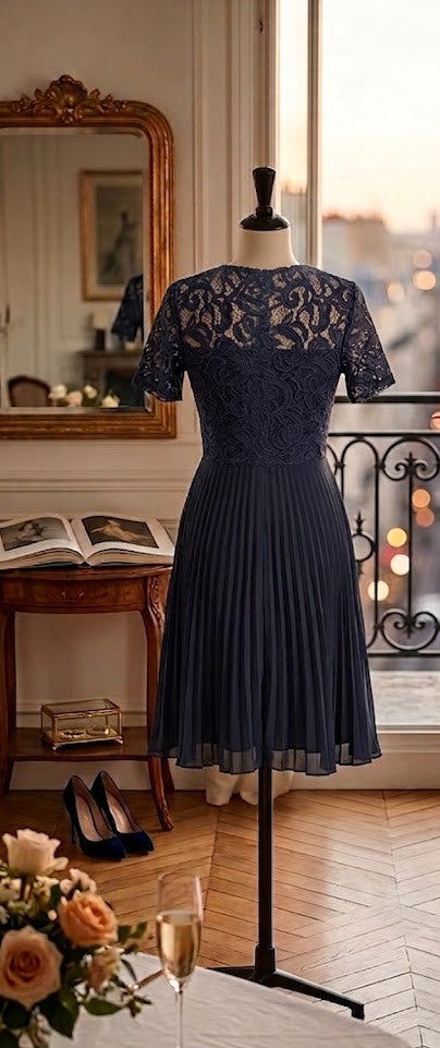 Elegant Navy Lace & Accordion Pleat Cocktail Dress