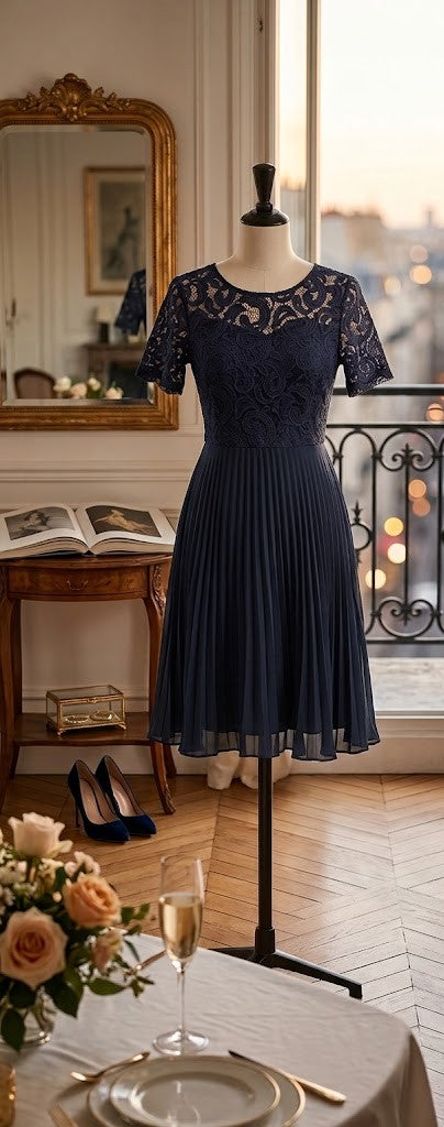 Elegant Navy Lace & Accordion Pleat Cocktail Dress