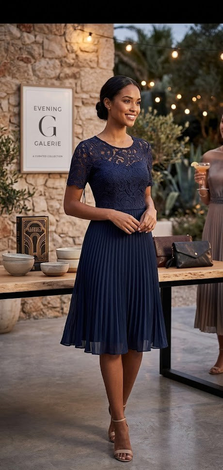 Elegant Navy Lace & Accordion Pleat Cocktail Dress