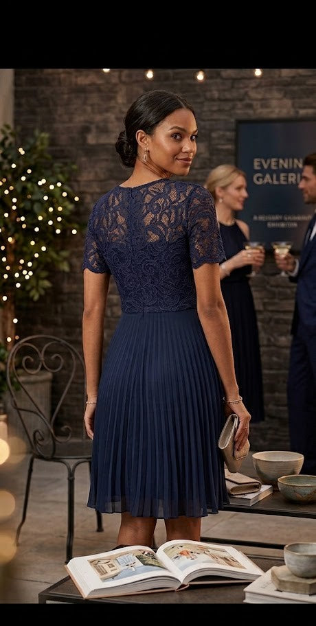 Elegant Navy Lace & Accordion Pleat Cocktail Dress