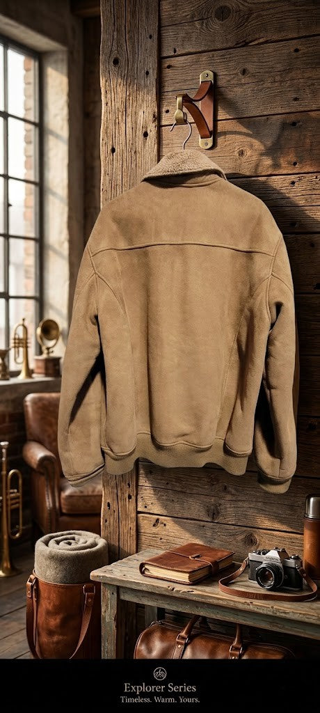 Explorer Series: Vintage-Style Faux Suede & Sherpa Lined Bomber Jacket – Size Large