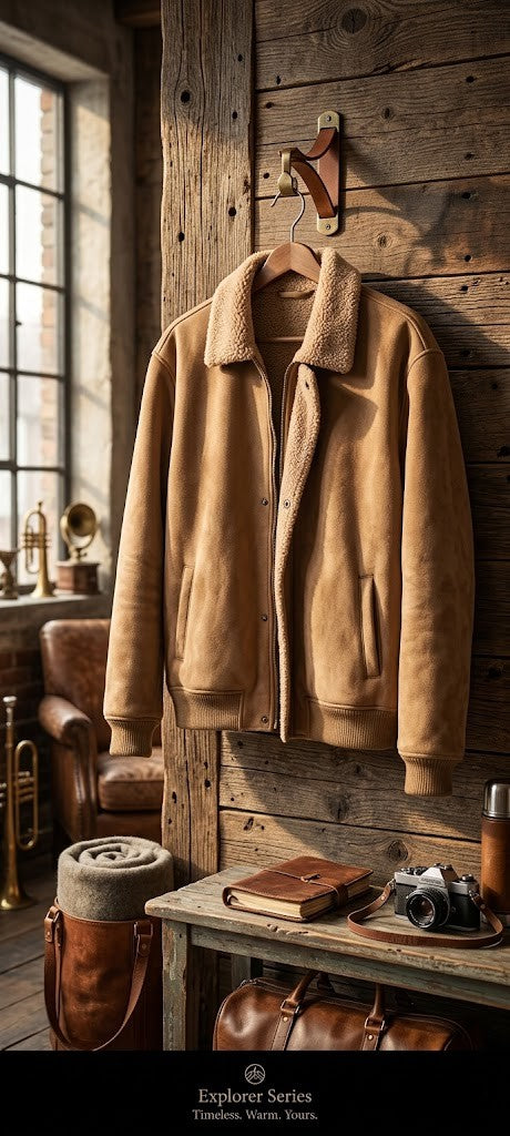 Explorer Series: Vintage-Style Faux Suede & Sherpa Lined Bomber Jacket – Size Large