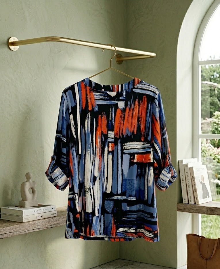 Miladys Abstract Brushstroke Tab-Sleeve Blouse