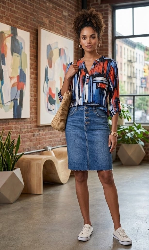Miladys Abstract Brushstroke Tab-Sleeve Blouse