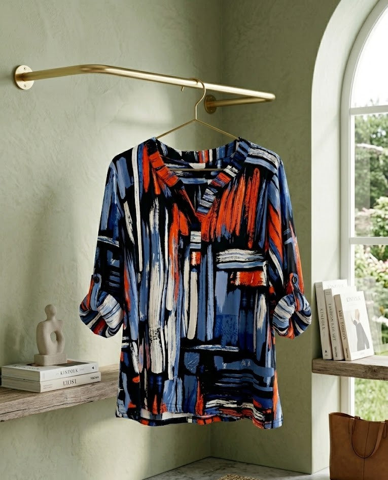 Miladys Abstract Brushstroke Tab-Sleeve Blouse