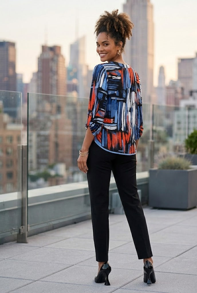 Miladys Abstract Brushstroke Tab-Sleeve Blouse