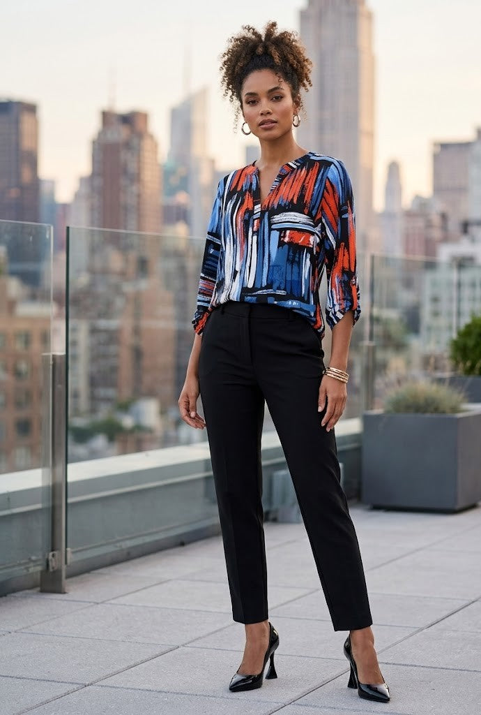 Miladys Abstract Brushstroke Tab-Sleeve Blouse