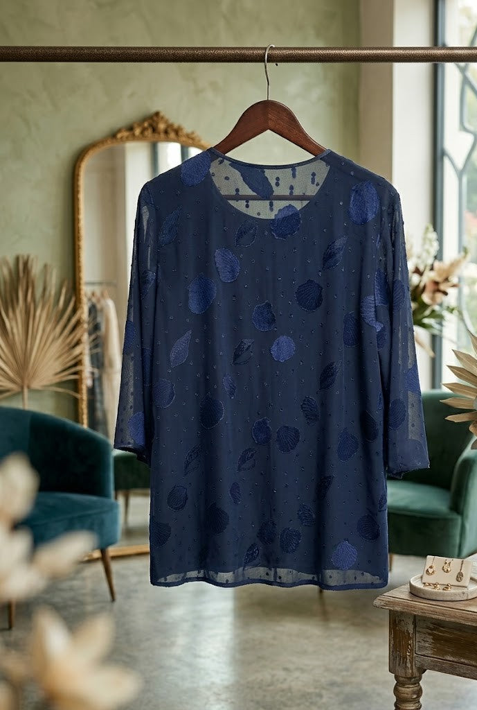 Elegant Navy Shell-Print Overlay Blouse