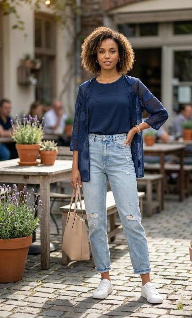 Elegant Navy Shell-Print Overlay Blouse